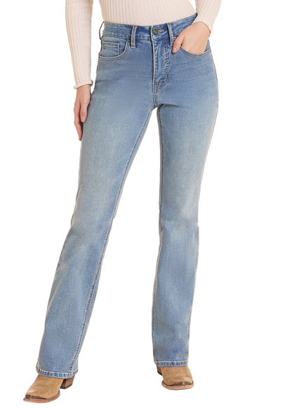 A model wearing a pair of light blue high-rise Rock&Roll Denim flare jeans, styled with a cream ribbed long-sleeve top and brown suede boots, shown against a plain white background.