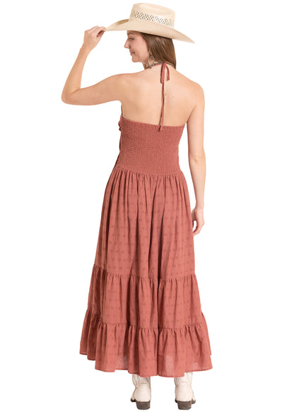 girl wearing a pink Rock&Roll Denim dress on a white background
