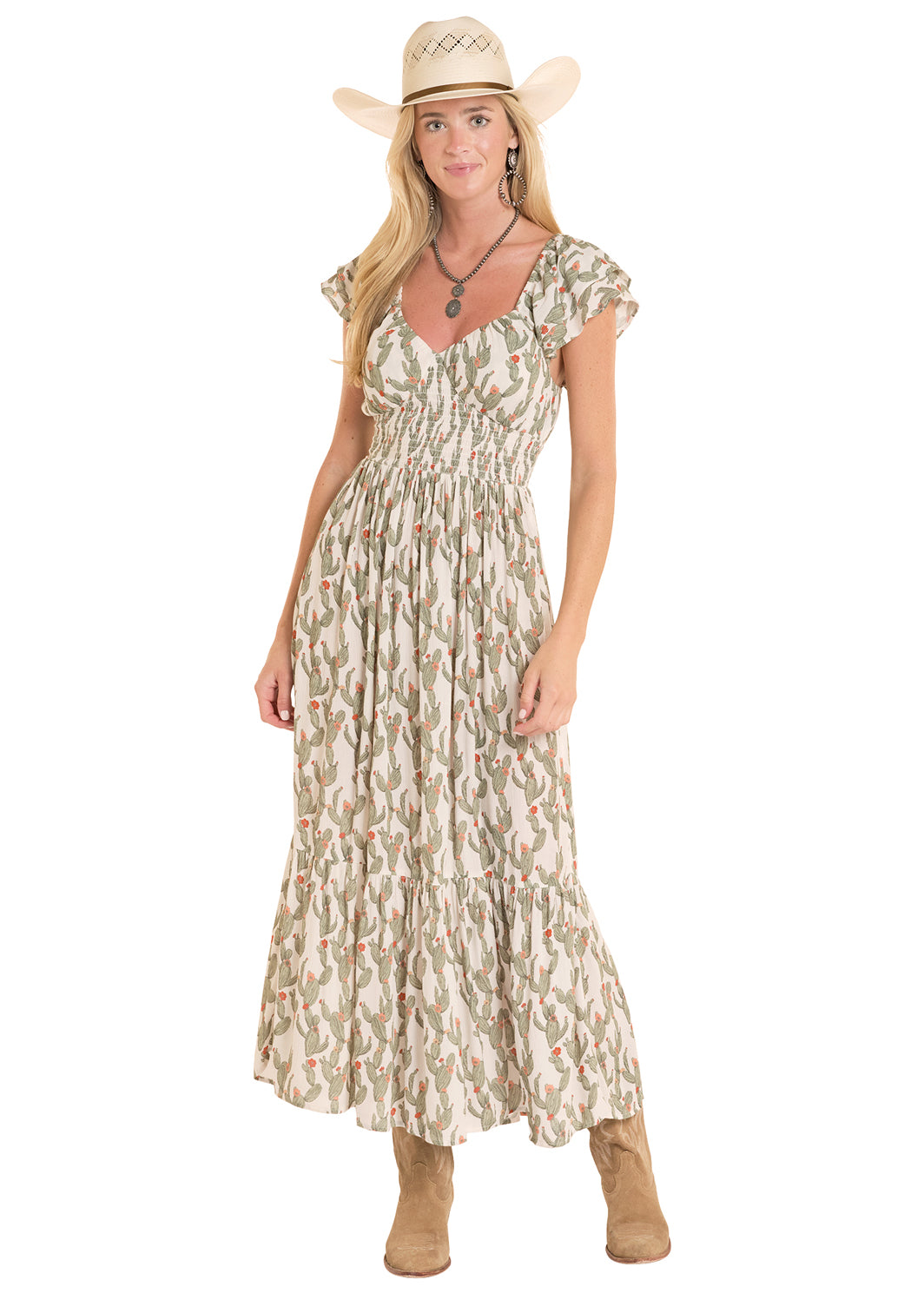 Woman wearing a Rock&Roll Denim floral dress and cowboy hat on a white background