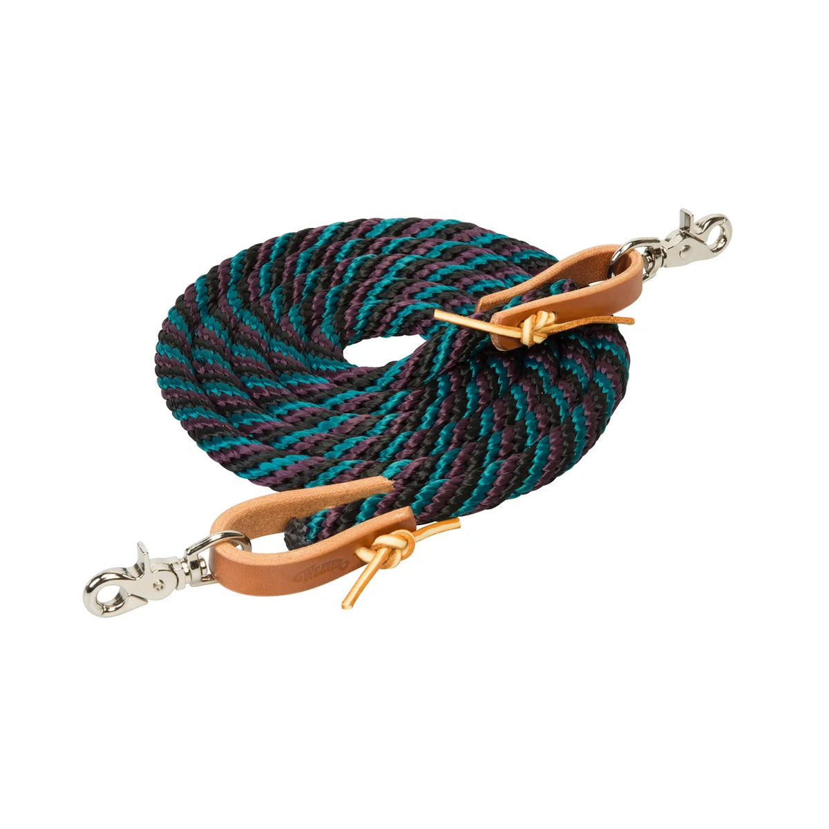 burgundy, teal and black coiled rope with snaps and leather attachments