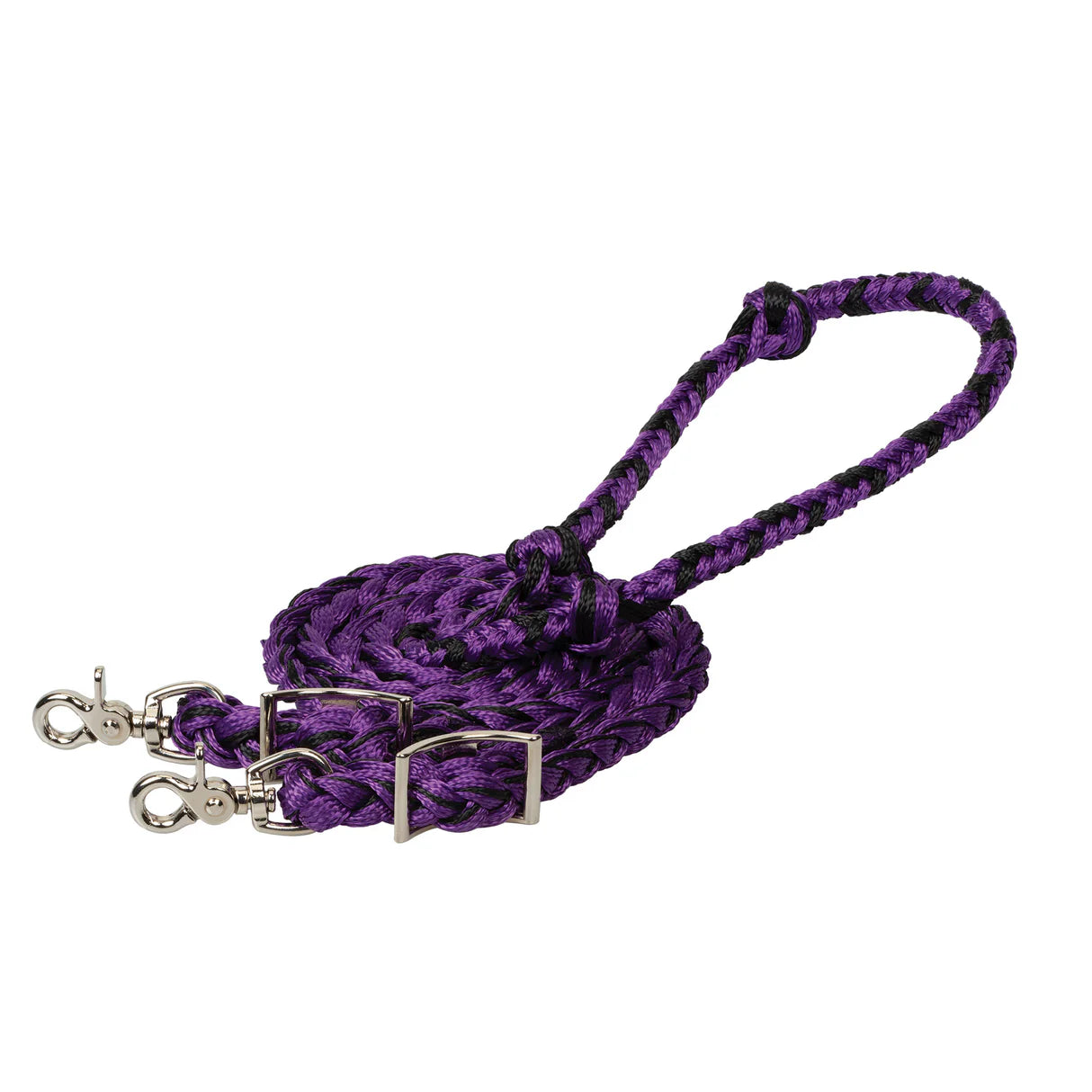 purple & black braided poly barrel reins with trigger snaps on a white background