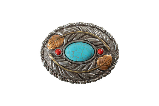 Decorative Blazin Roxx belt buckle with turquoise stone, red stones, and leaf designs on a white background