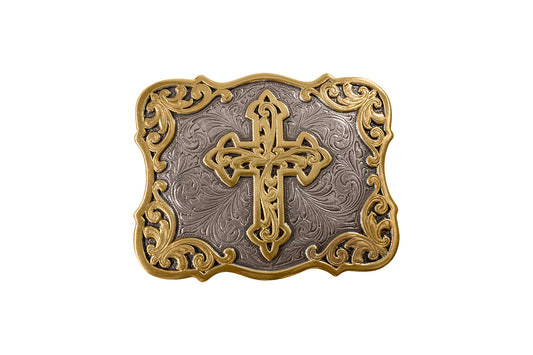 a gold and silver belt buckle with a cross and filigree detail
