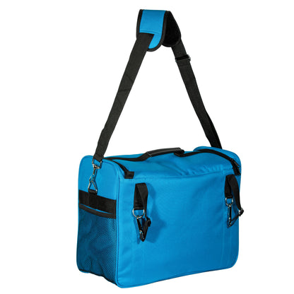 Blue Professional's Choice bag with a black strap on a white background