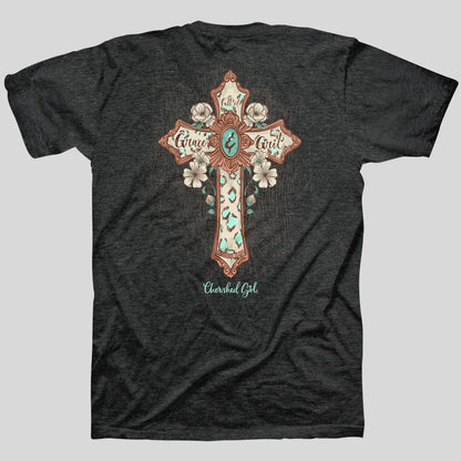 A dark heather gray t-shirt featuring a large graphic on the back with a decorative cross adorned with white roses, turquoise accents, and the words  Cherished Girl