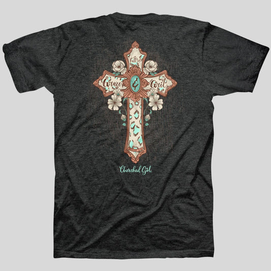 A dark heather gray t-shirt featuring a large graphic on the back with a decorative cross adorned with white roses, turquoise accents, and the words  Cherished Girl