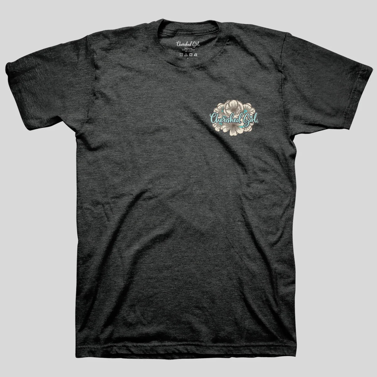 A dark heather gray t-shirt with a small floral graphic on the left chest that reads 'Cherished Girll' in a stylized font, displayed flat against a light gray background.