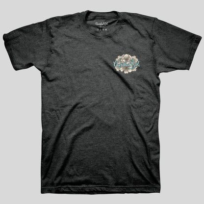 A dark heather gray t-shirt with a small floral graphic on the left chest that reads 'Cherished Girll' in a stylized font, displayed flat against a light gray background.