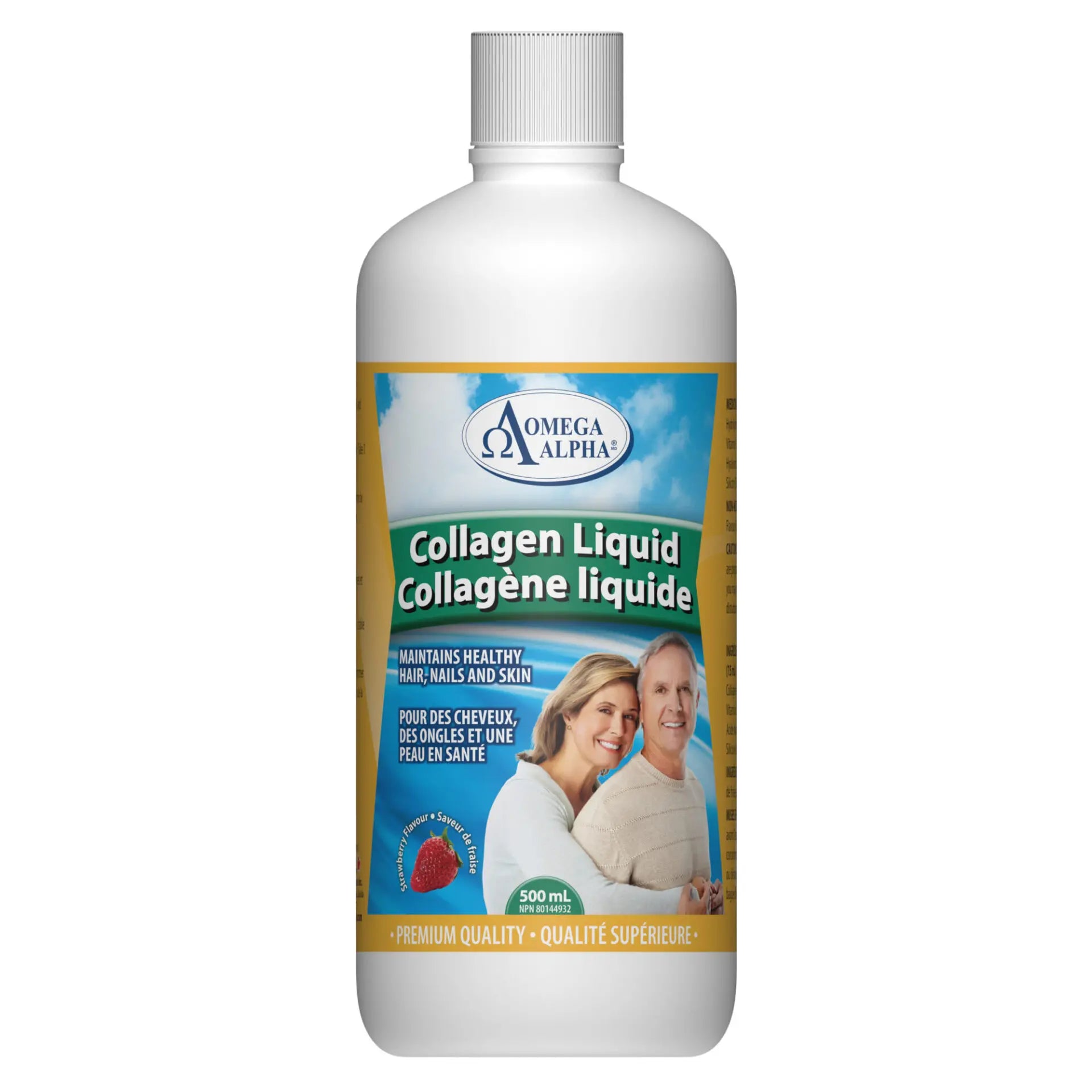 A 500 mL white plastic bottle of Omega Alpha Collagen Liquid with a blue and green label, shown against a plain white background.