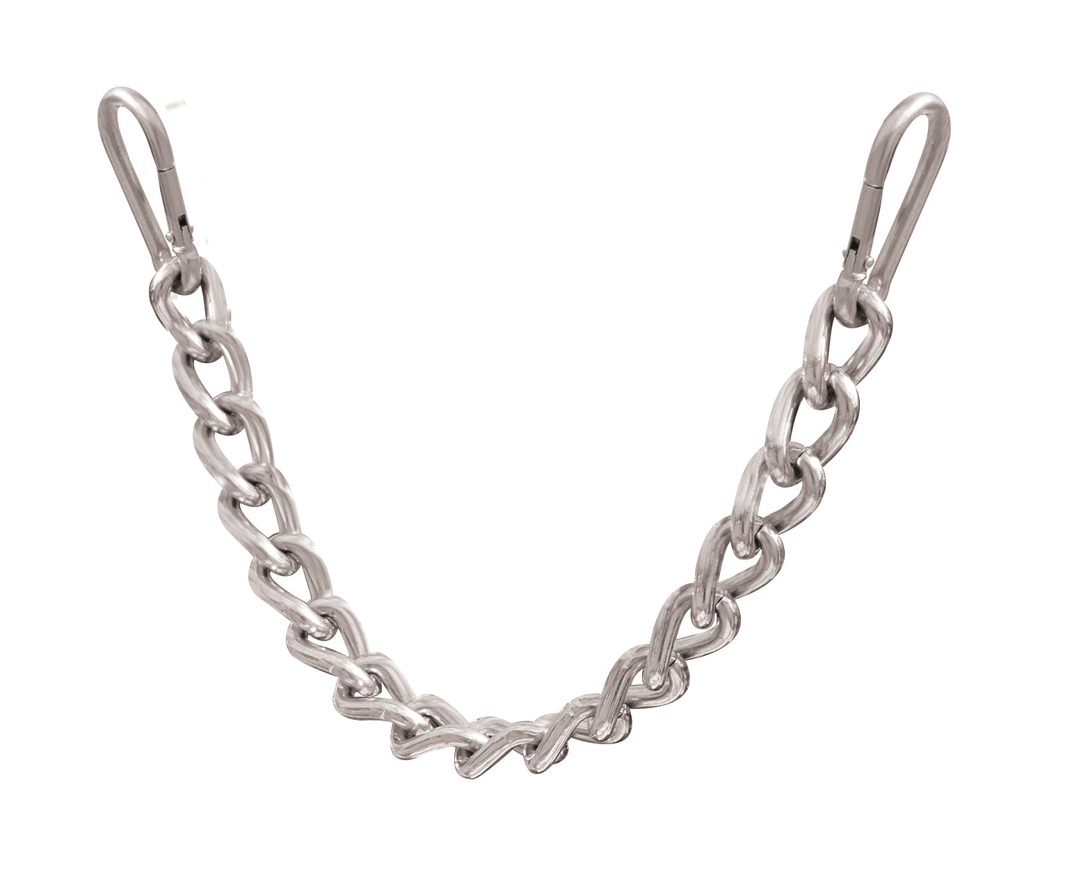 a silver metal chain with clips on either end on a white background