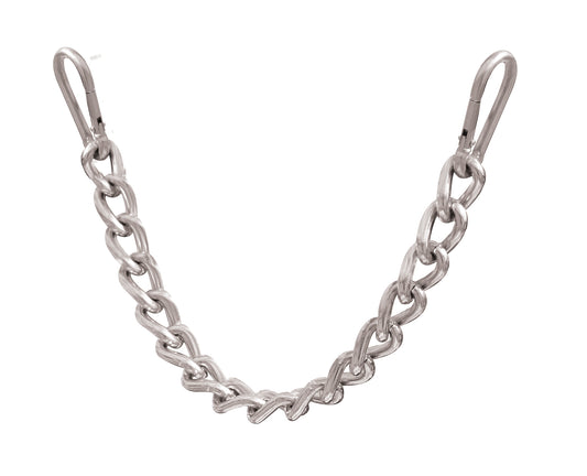 a silver metal chain with clips on either end on a white background