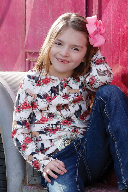 'Wild Flowers & Horses' Long Sleeve Girls T-Shirt by Cruel Girl®