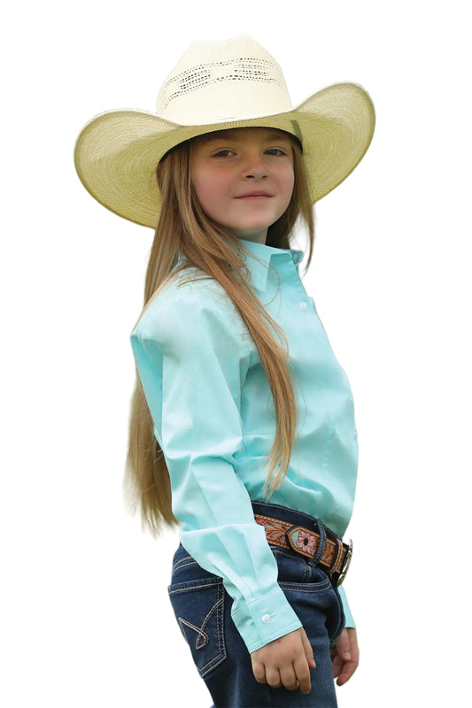 Girl wearing light blue Cruel Girl Cinch western shirt, jeans and cowboy hat on a white background