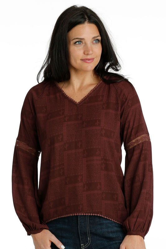 Burgundy Western Print Women's Top by Cruel Denim®