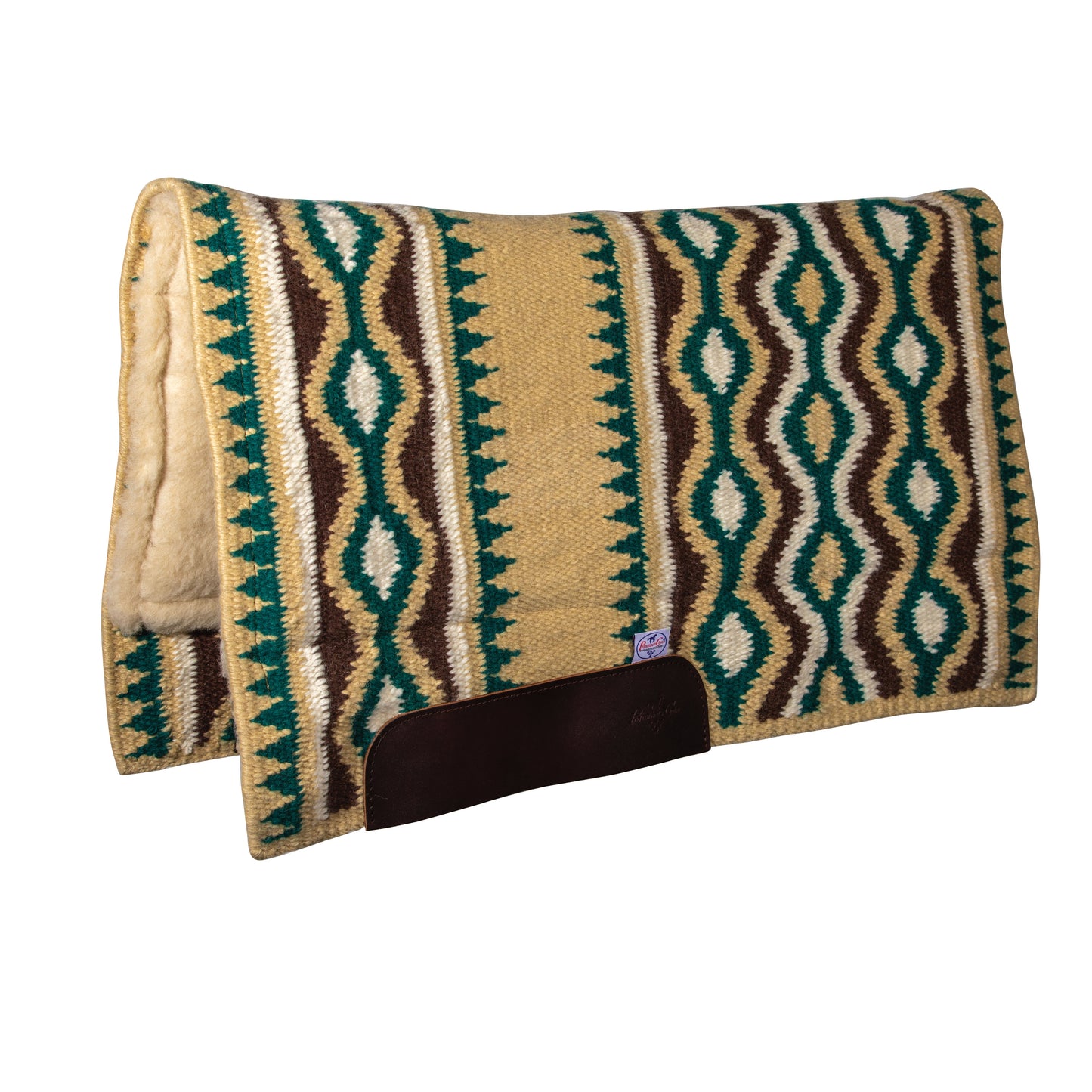 a tan and emerald woven top saddle pad that has a fleece bottom