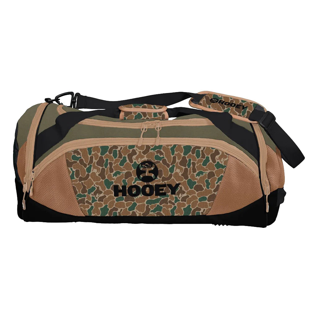 Brown and Green camo Hooey duffle bag on a white background
