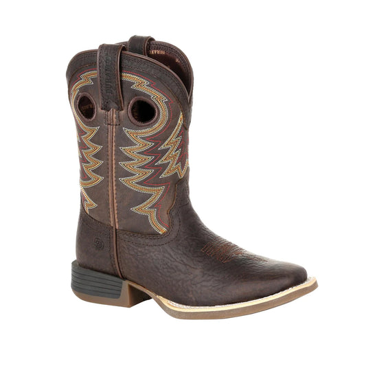 Brown Durango cowboy boot with intricate design on a white background