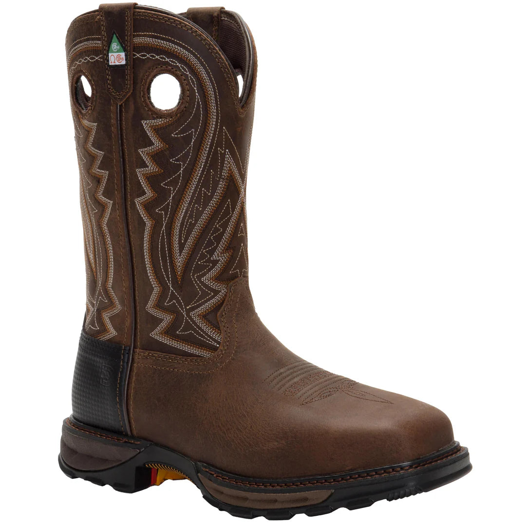 Brown Durango cowboy boot with intricate stitching on a white background