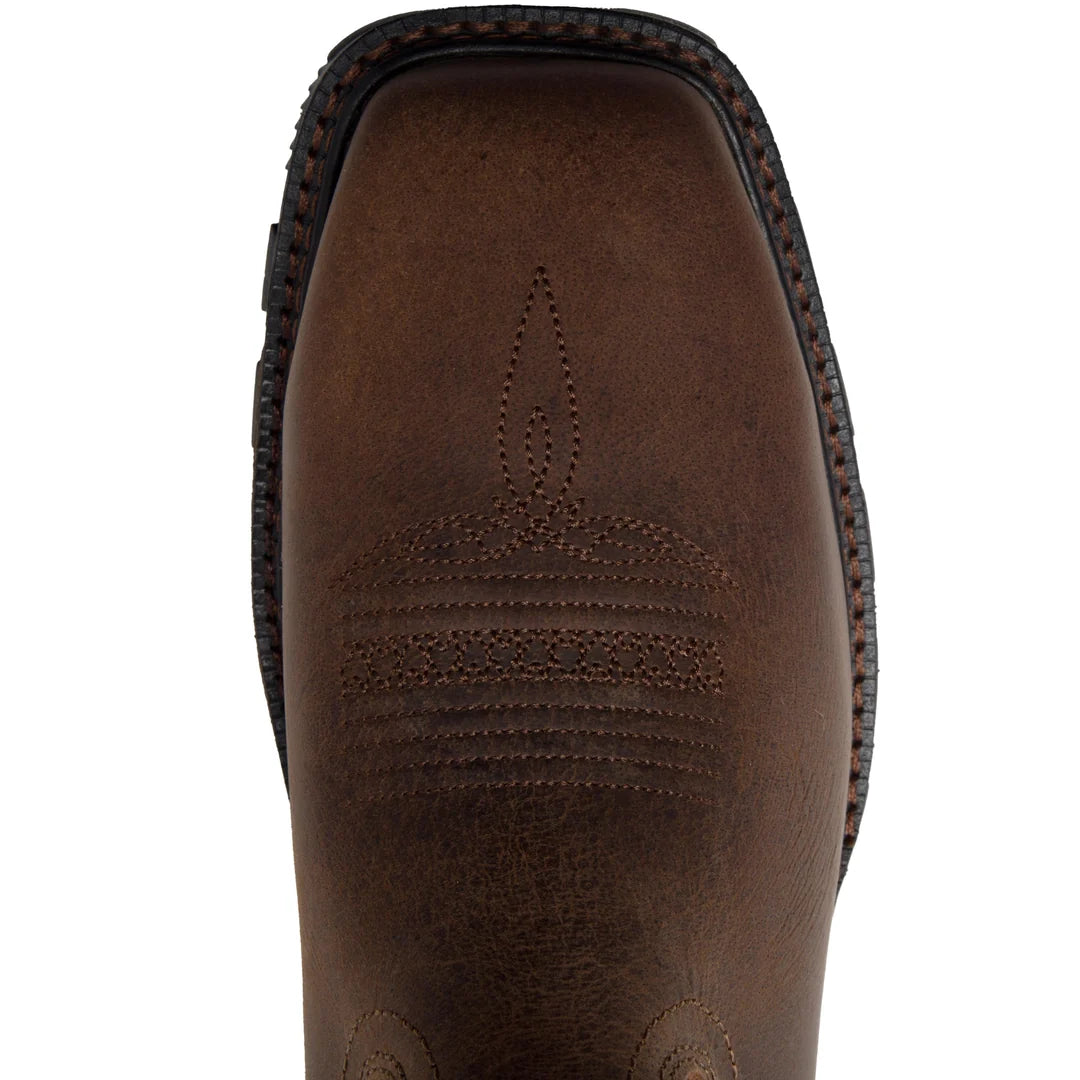 Close-up of a brown leather Durango boot with stitching detail on a white background