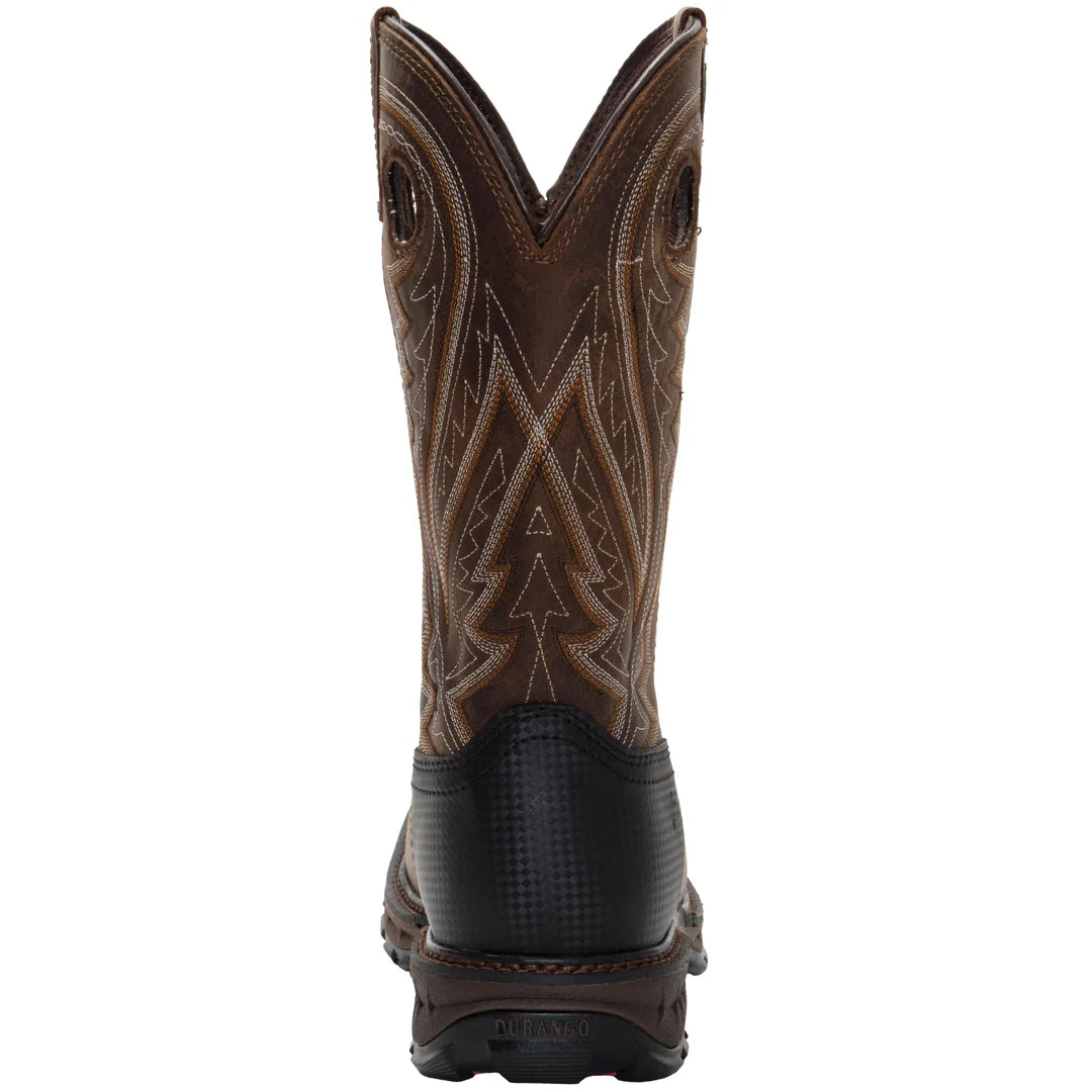 Brown Durango cowboy boot with intricate stitching on a white background