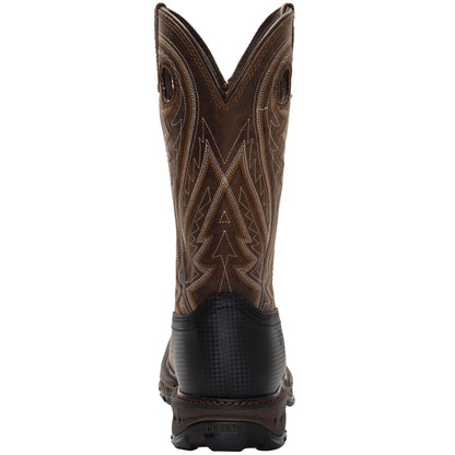 Brown Durango cowboy boot with intricate stitching on a white background