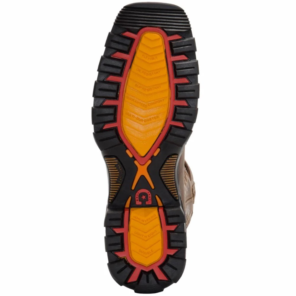 Close-up of a Durango boot sole with orange and black tread pattern on a white background