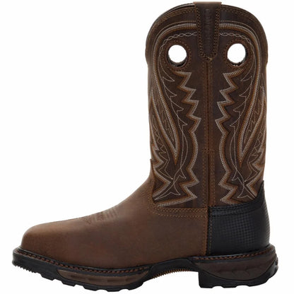 Brown Durango cowboy boot with intricate stitching on a white background