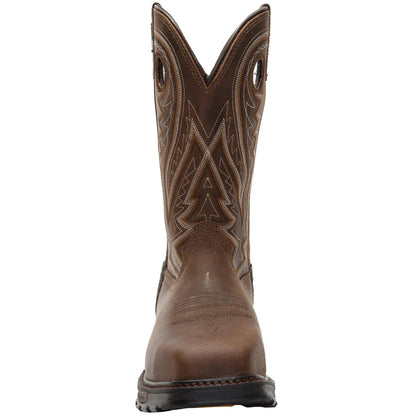 Brown Durango cowboy boot with intricate stitching on a white background