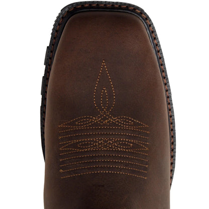 Close-up of a dark brown leather  Durango boot toe featuring decorative stitched western embroidery and a braided welt edge, shown against a white background.