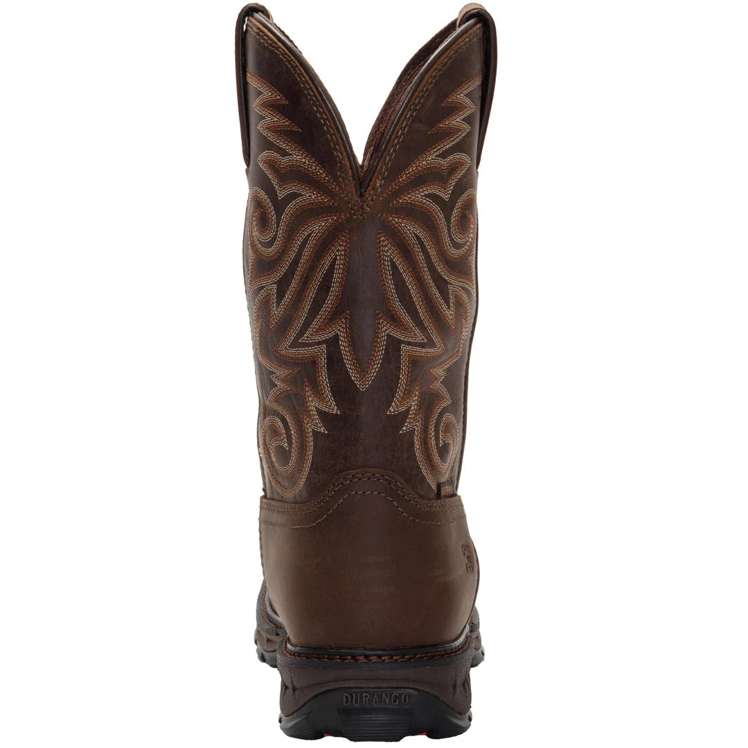 Brown Durango cowboy boot with intricate design on a white background