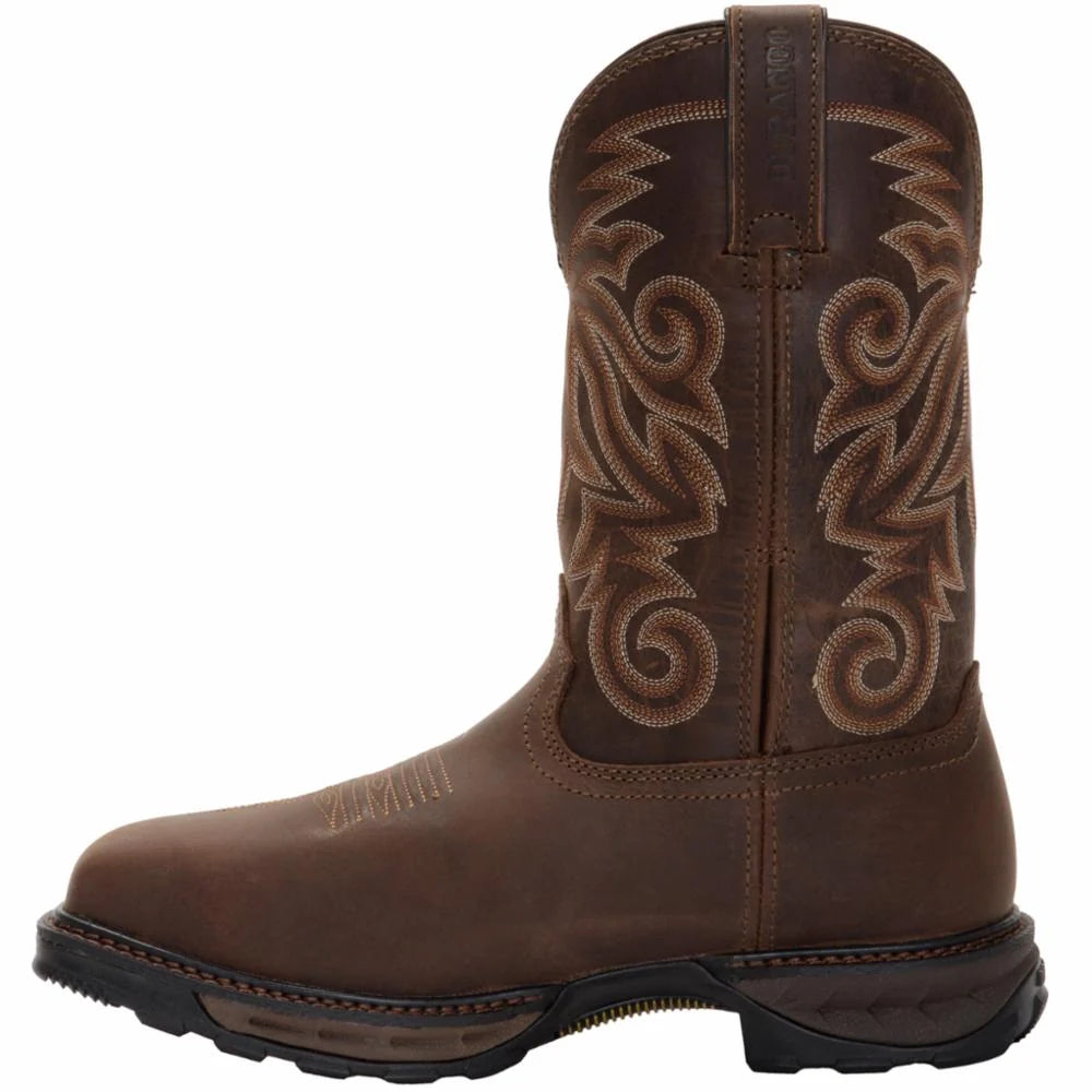 Brown Durango cowboy boot with intricate design on a white background