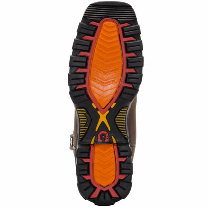 Close-up of a Durango boot sole with orange and black tread pattern on a white backgroun
