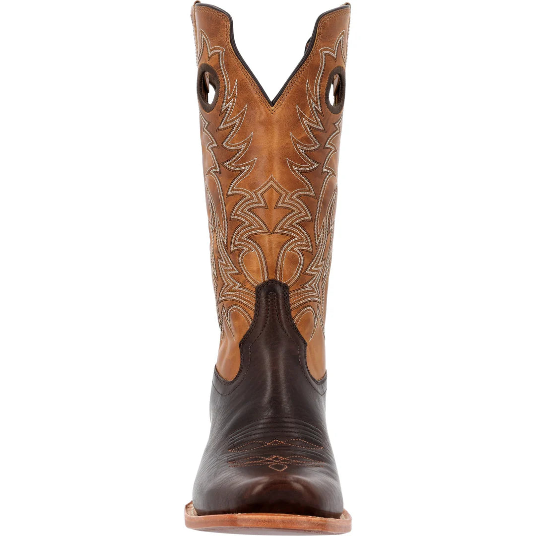 Two tone Brown cowboy boot with intricate design on a white background