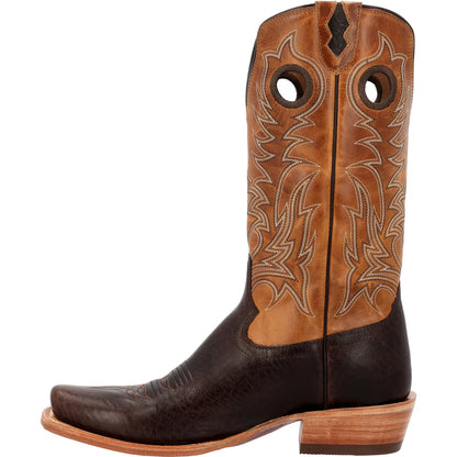 Golden Brown and 
Dark Brown cowboy boot with intricate stitching on a white background