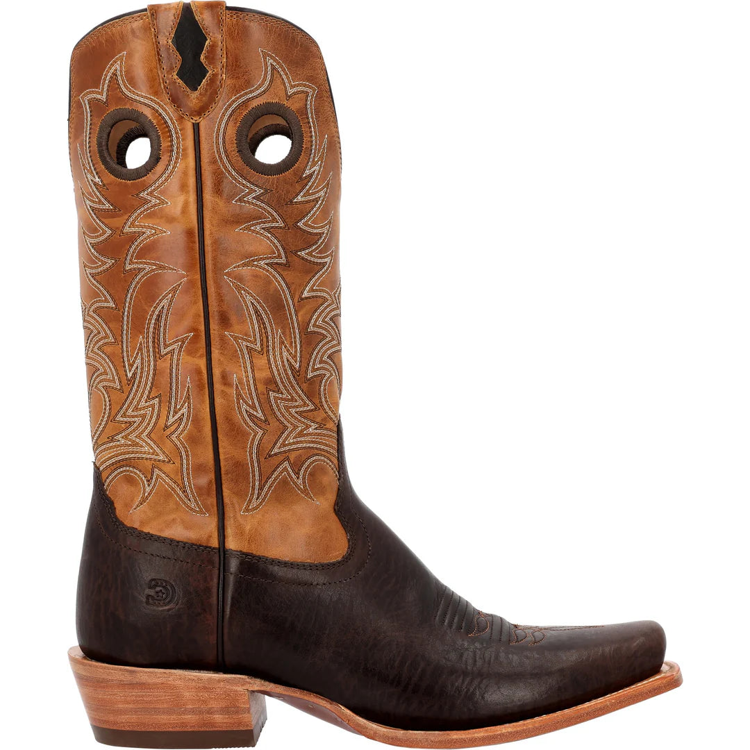 Golden Brown and 
Dark Brown cowboy boot with intricate stitching on a white background
