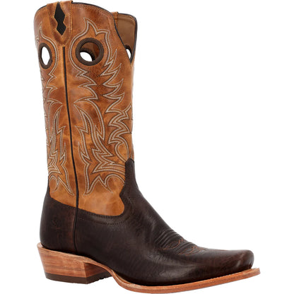Golden Brown and 
Dark Brown cowboy boot with intricate stitching on a white background