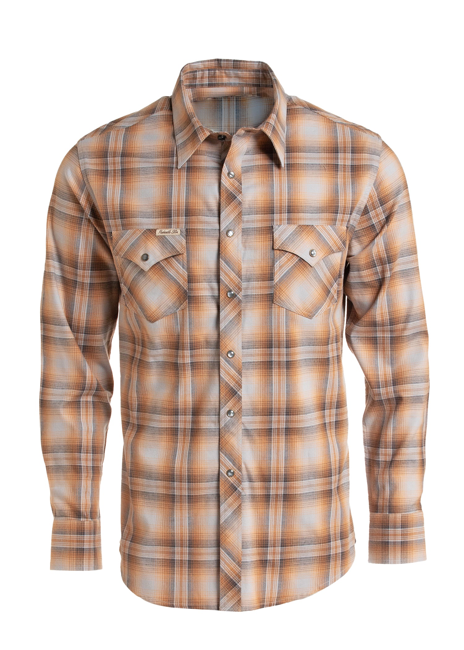 A long-sleeve button-up plaid shirt by Panhandle Slim in a warm orange, beige, and gray pattern, displayed on a clean white background