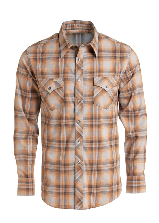 A long-sleeve button-up plaid shirt by Panhandle Slim in a warm orange, beige, and gray pattern, displayed on a clean white background