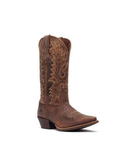 brown Durango cowboy boot with intricate designs on a white background