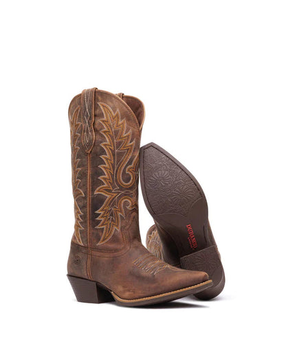 Pair of brown Durango cowboy boots with intricate designs on a white background