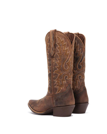 Pair of brown Durango cowboy boots with intricate designs on a white background