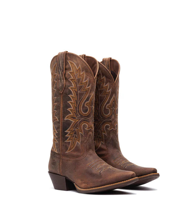 Pair of brown Durango cowboy boots with intricate designs on a white background