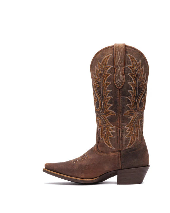 Brown Durango cowboy boot with intricate design on a white background