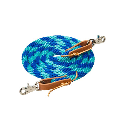 blue and aqua coiled rope with snaps and leather attachments