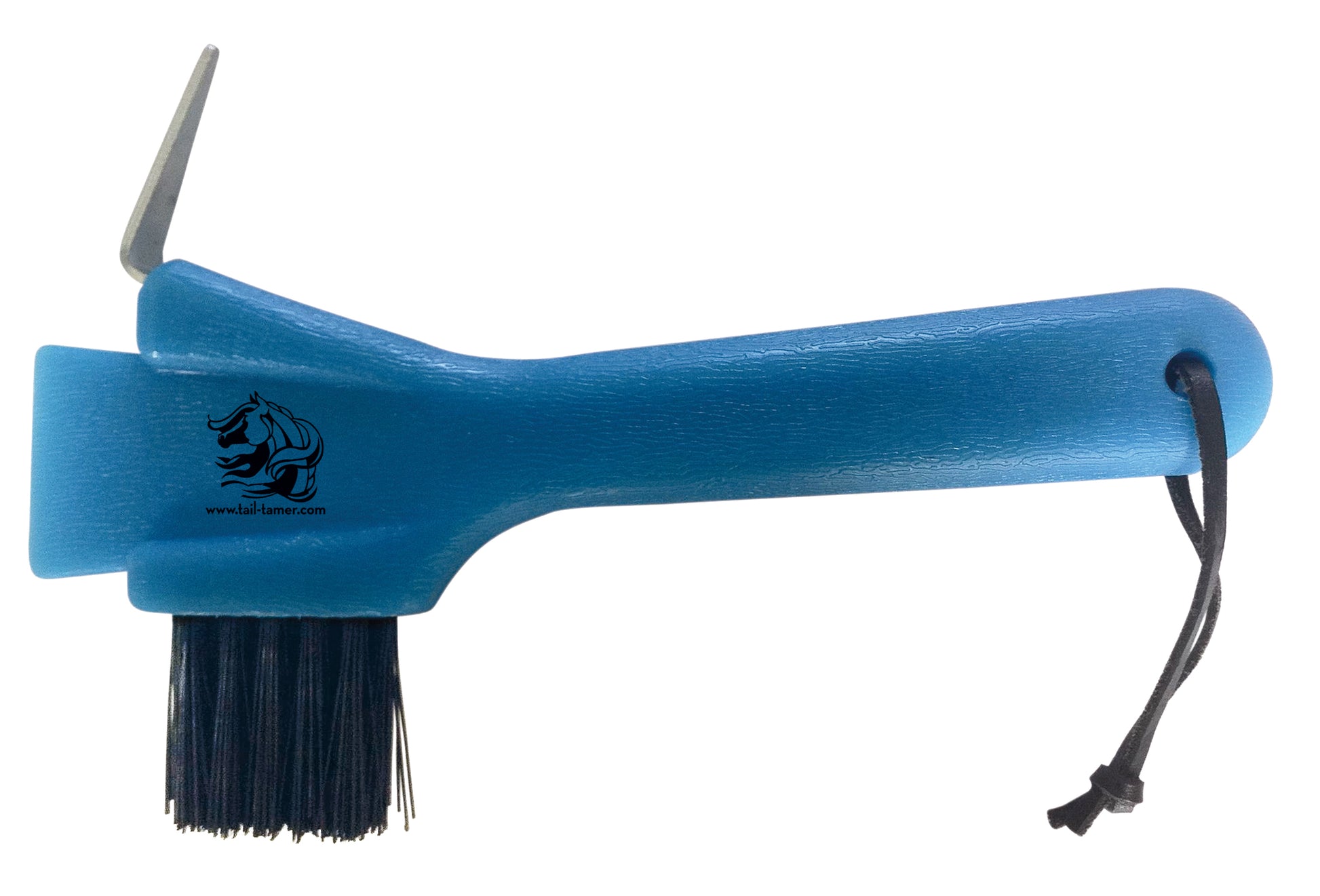 Blue professional's choice brush nd hoof pick with black bristles on a white background