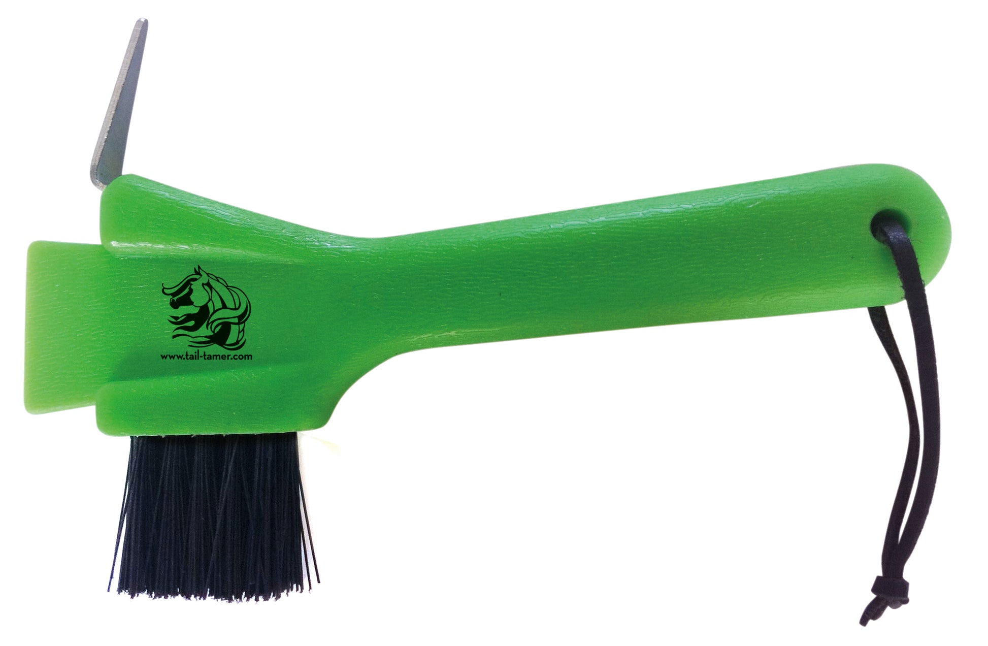 Green professional's choice brush nd hoof pick with black bristles on a white background