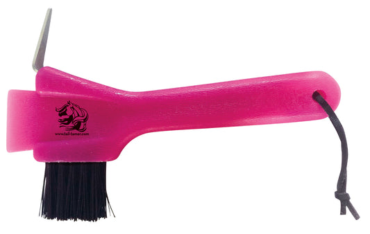 Pink professional's choice brush nd hoof pick with black bristles on a white background