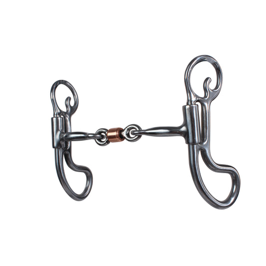 a brushed steel bit for horses with a dogbone and copper roller mouth and a teardrop shank