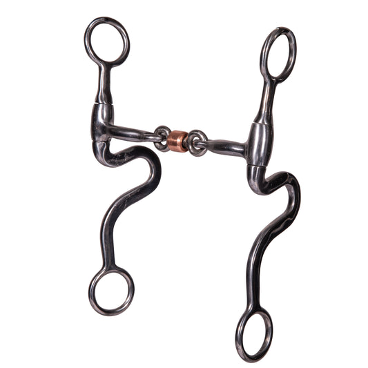 A silver-colored swept-back 7 shank with a smooth dogbone bit, featuring copper striping on the mouth and a sturdy, curved design.