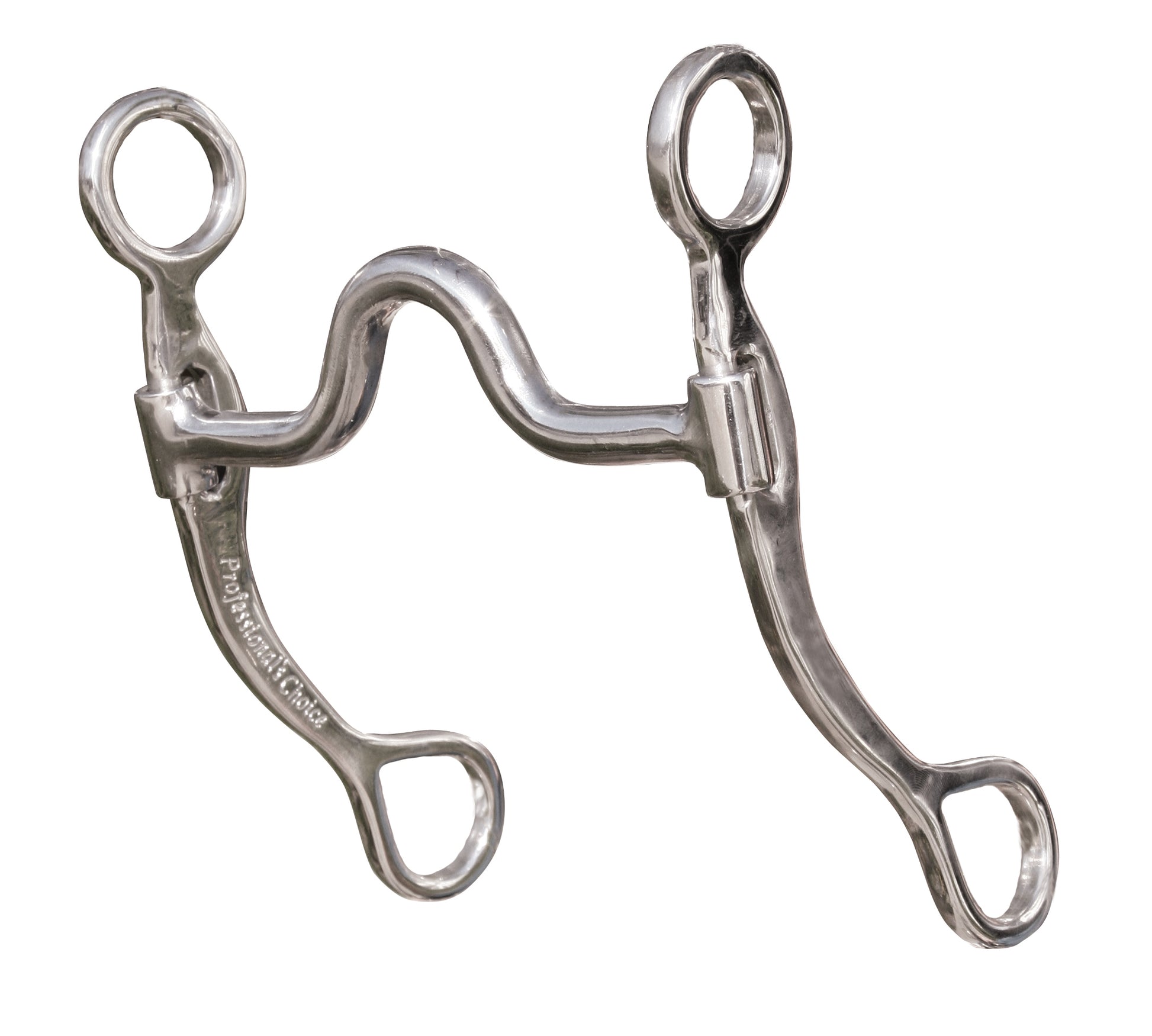 silver colored curb bit with shanks on a white background